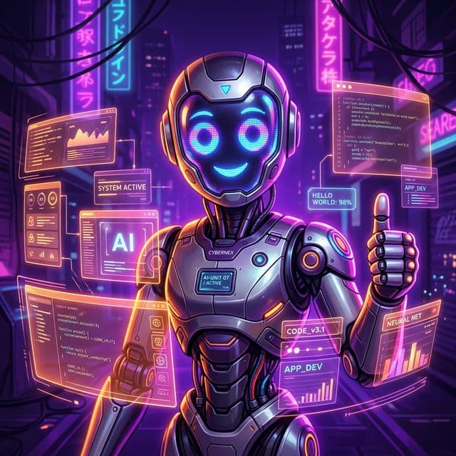 Robô IA amigável cercado de interfaces de aplicativos